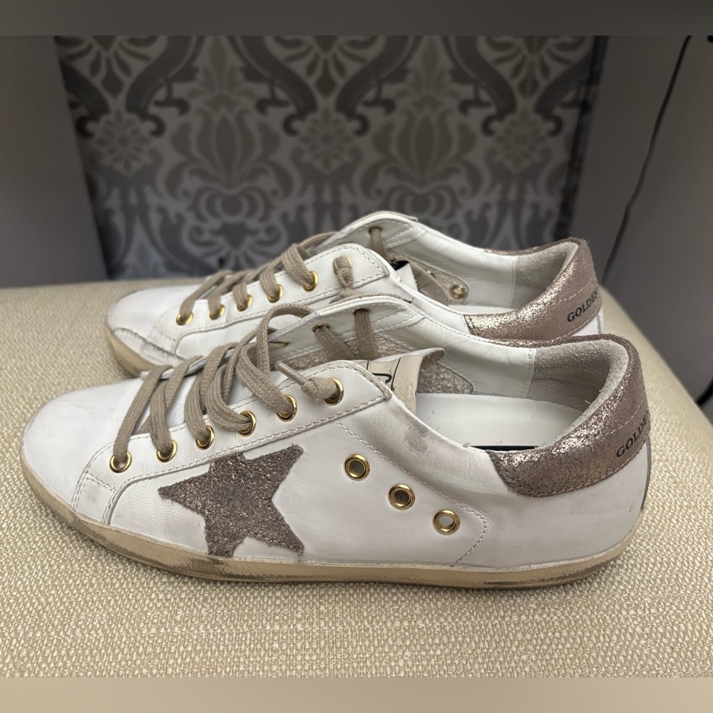 Golden Goose White and Glitter Gold Star Sneakers